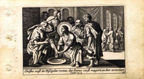 Гравюра Питер Схют Новый Завет. Омовение ног апостолов. Резцовая офорт. Нидерланды, Амстердам, 1659 год