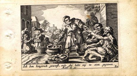 Гравюра Питер Схют Новый Завет. Ибо алкал Я, и вы дали Мне есть... Резцовая офорт. Нидерланды, Амстердам, 1659 год