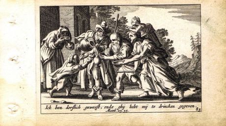 Гравюра Питер Схют Новый Завет. Жаждал, и вы напоили Меня... Резцовая офорт. Нидерланды, Амстердам, 1659 год