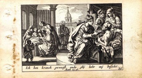 Гравюра Питер Схют Новый Завет. Был болен, и вы посетили Меня... Резцовая офорт. Нидерланды, Амстердам, 1659 год