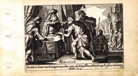 Гравюра Питер Схют Новый Завет. Отчёт владельца двух талантов. Резцовая офорт. Нидерланды, Амстердам, 1659 год