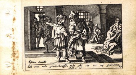 Гравюра Питер Схют Новый Завет. В темнице был, и вы пришли ко Мне... Резцовая офорт. Нидерланды, Амстердам, 1659 год
