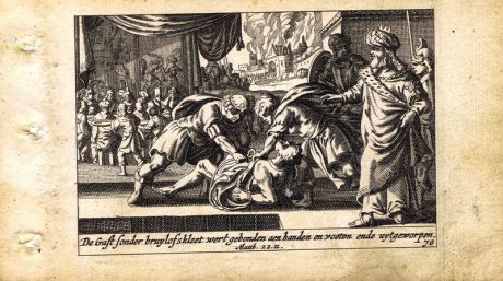 Гравюра Питер Схют Новый Завет. Человек не в брачной одежде перед царём. Резцовая офорт. Нидерланды, Амстердам, 1659 год