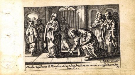 Гравюра Питер Схют Новый Завет. Кто из вас без греха... Резцовая офорт. Нидерланды, Амстердам, 1659 год