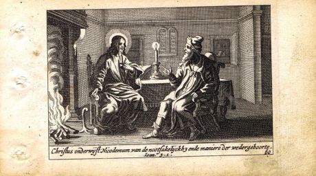 Гравюра Питер Схют Новый Завет. Беседа Иисуса с Никодимом. Резцовая офорт. Нидерланды, Амстердам, 1659 год