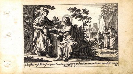 Гравюра Питер Схют Новый Завет. Иисус и самаритянка. Резцовая офорт. Нидерланды, Амстердам, 1659 год