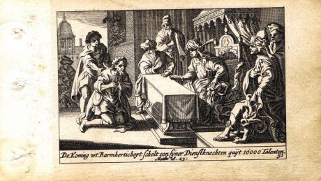 Гравюра Питер Схют Новый Завет. Царь и его должник. Резцовая офорт. Нидерланды, Амстердам, 1659 год