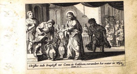 Гравюра Питер Схют Новый Завет. Первое чудо Иисуса - Канское вино. Резцовая офорт. Нидерланды, Амстердам, 1659 год