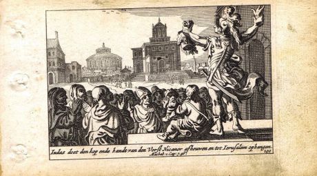 Гравюра Питер Схют Ветхий Завет. Иуда Маккавей с головой и рукой Никанора. Резцовая офорт. Нидерланды, Амстердам, 1659 год