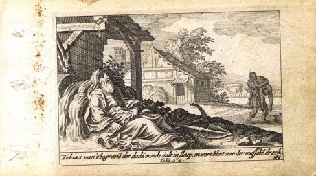 Гравюра Питер Схют Ветхий Завет. Слепота Товита. Резцовая офорт. Нидерланды, Амстердам, 1659 год