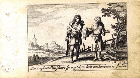 Гравюра Питер Схют Ветхий Завет. Пророк Ахия делит одежду на 12 частей. Резцовая офорт. Нидерланды, Амстердам, 1659 год