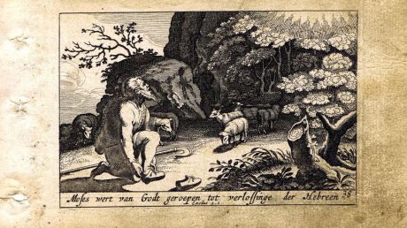 Гравюра Питер Схют Ветхий Завет. Горящий терновый куст. Резцовая офорт. Нидерланды, Амстердам, 1659 год
