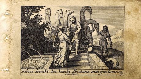 Гравюра Питер Схют Ветхий Завет. Ревекка и раб. Резцовая офорт. Нидерланды, Амстердам, 1659 год