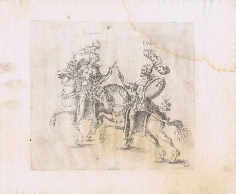 Гравюра Бальтазар Кюхлер Испанский рыцарь и итальянский рыцарь в полном обмундировании на лошадях в парадной сбруе. Офорт. Германия, Штутгарт, 1611 год