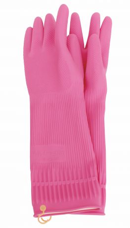 Перчатки хозяйственные MJ латексные с крючком для подвешивания, розовый