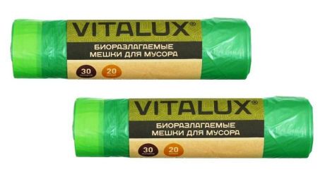 Мешки для мусора VITALUX Биоразлагаемые особопрочные мешки с тесьмой комплект 1+1 BIO (30 л. 20 шт. + 30 л. 20 шт.), 20 шт. в рулоне, зеленые, зеленый