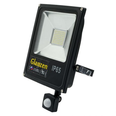Прожектор GLANZEN 50 Вт, IP65, датчик движения, 6500К, черный