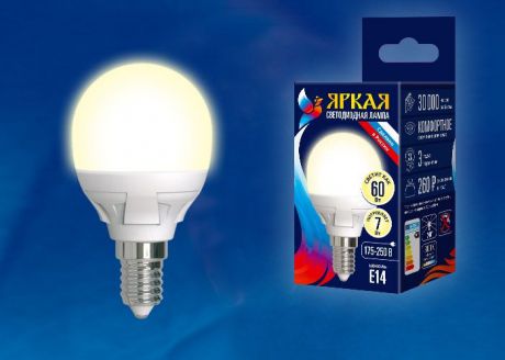 Светодиодная лампа Uniel LED-G45, 7Вт, свет:теплый белый, E14, картон.