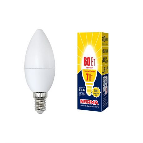Лампочка светодиодная Volpe Norma, свеча, UL-00003796, теплый белый свет, LED-C37-7W/WW/E14/FR/NR, 3000K