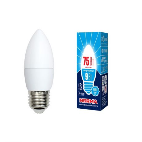 Лампочка светодиодная Volpe Norma, свеча, UL-00003806, белый свет, LED-C37-9W/NW/E27/FR/NR, 4000K