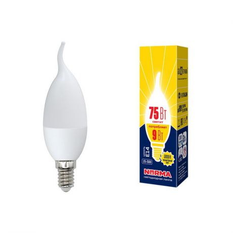 Лампочка светодиодная Volpe Norma, свеча на ветру, UL-00003809, теплый белый свет, LED-CW37-9W/WW/E14/FR/NR, 3000K