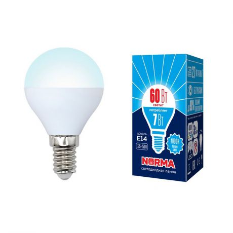 Лампочка светодиодная Volpe Norma, шар, UL-00003819, белый свет, LED-G45-7W/NW/E14/FR/NR, 4000K