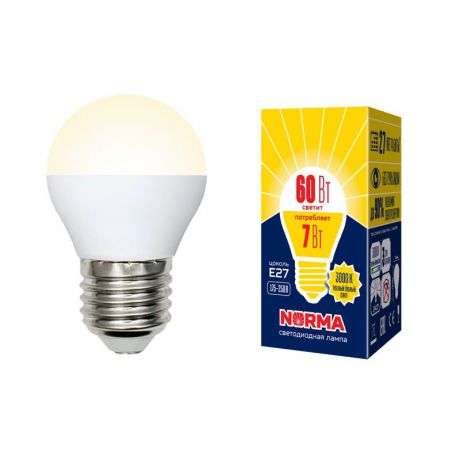 Лампочка светодиодная Volpe Norma, шар, UL-00003823, теплый белый свет, LED-G45-7W/WW/E27/FR/NR, 3000K