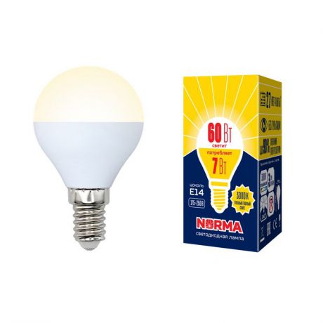 Лампочка светодиодная Volpe Norma, шар, UL-00003820, теплый белый свет, LED-G45-7W/WW/E14/FR/NR, 3000K