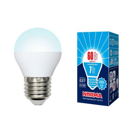 Лампочка светодиодная Volpe Norma, шар, UL-00003822, белый свет, LED-G45-7W/NW/E27/FR/NR, 4000K
