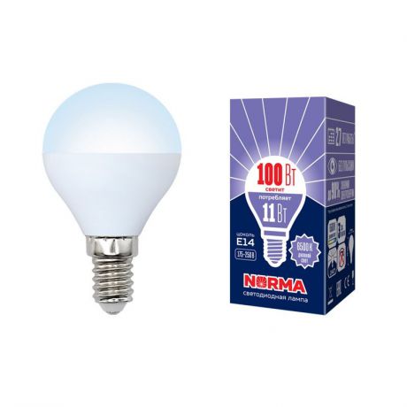 Лампочка Volpe LED-G45-11W/DW/E14/FR/NR Форма "шар", матовая. Дневной белый свет (6500K), UL-00003830