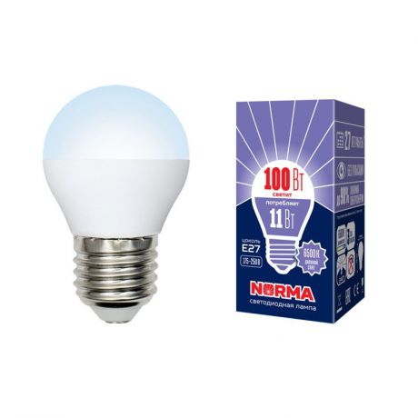 Лампочка Volpe LED-G45-11W/DW/E27/FR/NR Форма "шар", матовая. Дневной белый свет (6500K), UL-00003833