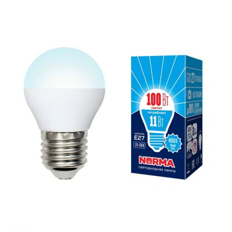 Лампочка Volpe LED-G45-11W/NW/E27/FR/NR Форма "шар", матовая. Белый свет (4000K), UL-00003834
