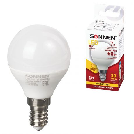 Лампочка SONNEN 7 (60) Вт, цоколь Е14, шар, теплый белый свет, LED G45-7W-2700-E14