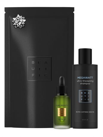 Косметический набор для волос BEAUTIFIC Для объема и активного роста волос Megawatt: шампунь с биотином и масло конопли
