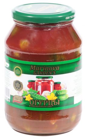 Овощные консервы Marinova Garden Огурцы в томатном соке "Премиум" 1000 г Стеклянная банка, 1200