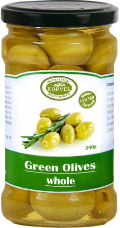 Korvel натуральные зеленые оливки с косточкой колоссал, 290 г