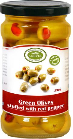 Korvel натуральные зеленые оливки фаршированные красным перцем супер колоссал, 290 г