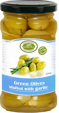 Korvel натуральные зеленые оливки фаршированные чесноком супер колоссал, 290 г