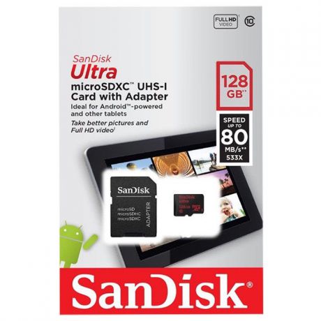 Карта памяти SanDisk MicroSD 128GB Class 10 Ultra Android UHS-I (80 Mb/s) + SD адаптер - Tablet Packaging, черный