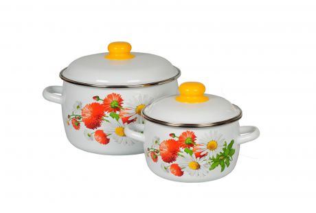 Набор посуды для приготовления СтальЭмаль "Маргаритки" (кастрюли сферические 2,0 литра, 4,0 литра), белый, желтый, зеленый, оранжевый