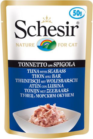 Корм консервированный Schesir, для кошек, тунец с морским окунем, 50 г