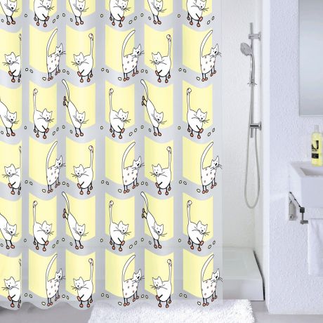 Штора для ванной Milardo "Cozy Cats", цвет: белый, серый, желтый, 180 x 180 см