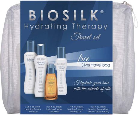 Biosilk Дорожный набор Hydrating Therapy (шампунь 67 мл, кондиционер 67 мл, масло для волос 52 мл, несмываемый кондиционер 67 мл, косметичка)