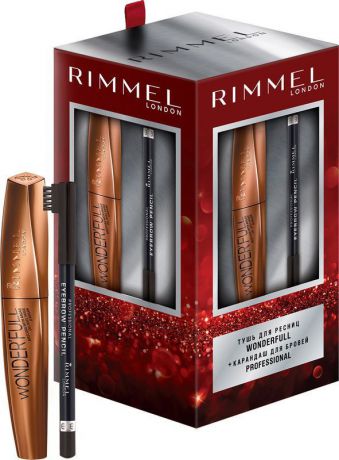 Подарочный набор декоративной косметики Rimmel: тушь для ресниц Wonderfull, тон 001, черный, 12 мл, карандаш для бровей Professional, тон 004, черный