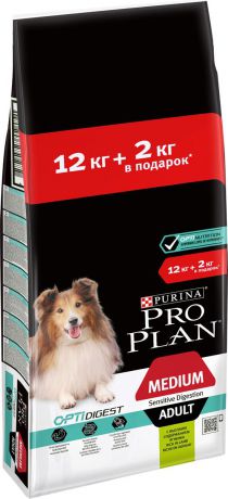 Корм сухой Pro Plan для взрослых собак средних пород с комплексом Optidigest, с ягненком, 12 кг + 2 кг