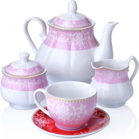 Сервиз чайный Loraine, цвет: розовый, красный, белый, 15 предметов. у4015
