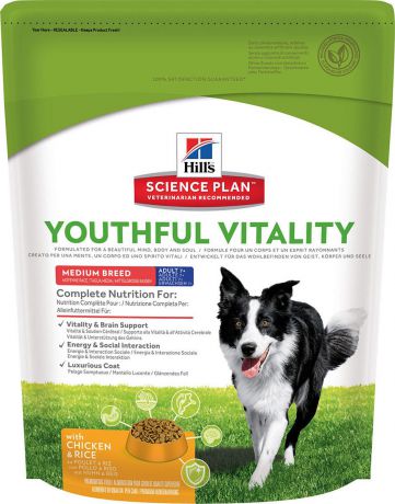 Корм сухой Hill's Science Plan Youthful Vitality Medium Breed для собак средних пород старше 7 лет, с курицей и рисом, 750 г