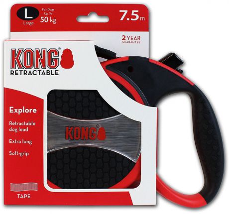 Поводок-рулетка для собак Kong Explore L, цвет: красный, до 50 кг, 7,5 м