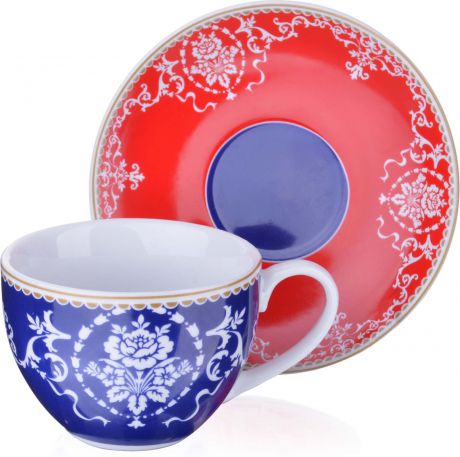 Чайная пара Loraine, цвет: синий, красный, белый, 220 мл, 2 предмета. у4020