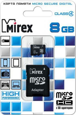 Карта памяти Mirex microSD Сlass 4, с адаптером, 13613-ADTMSD08, 8GB, black
